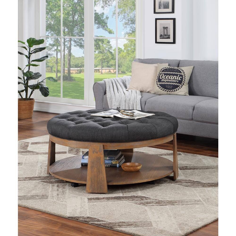 Ottoman Transitional Style Deep Button Linen Like Tufted Seat Open Bottom Shelf