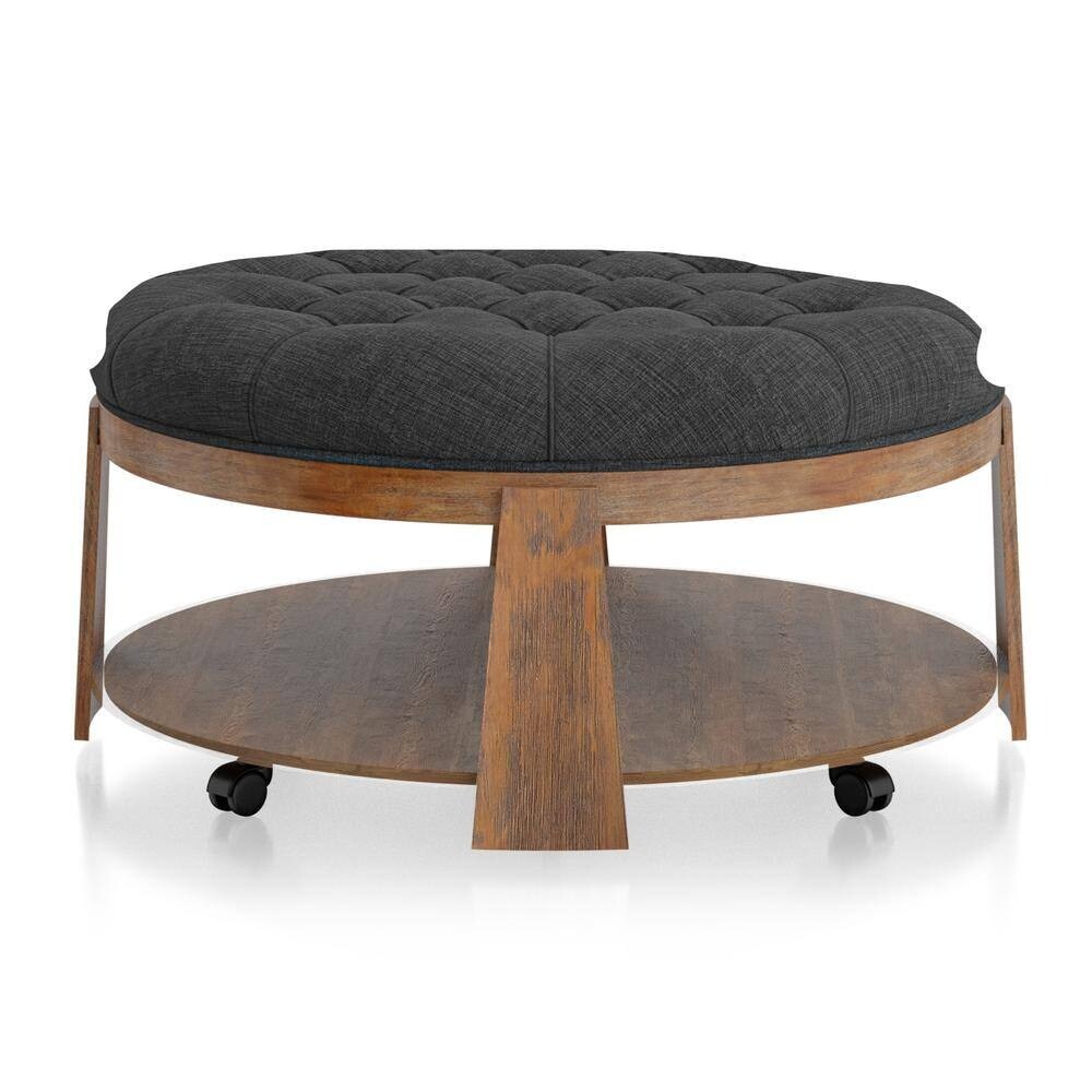 Ottoman Transitional Style Deep Button Linen Like Tufted Seat Open Bottom Shelf