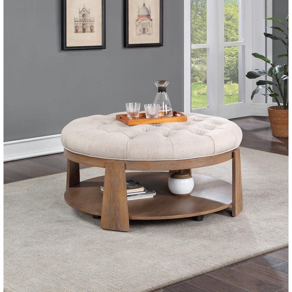 Ottoman Transitional Style Deep Button Linen Like Tufted Seat Open Bottom Shelf
