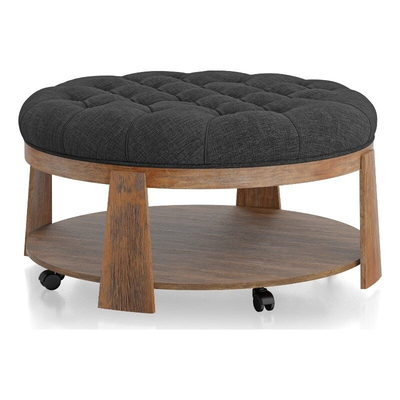 Ottoman Transitional Style Deep Button Linen Like Tufted Seat Open Bottom Shelf