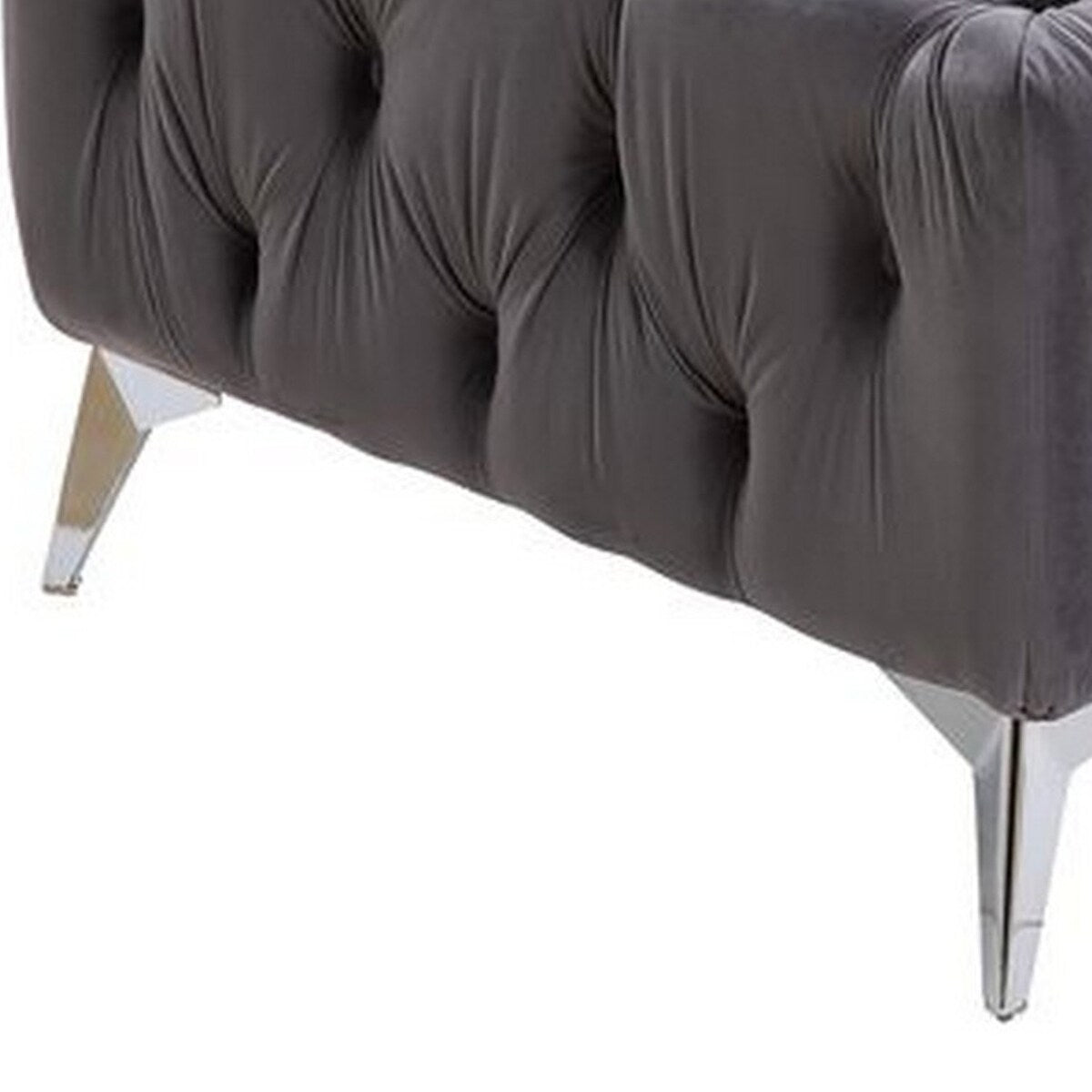 Ottoman with Deep Button Tufting and Angled Metal Feet, Gray
