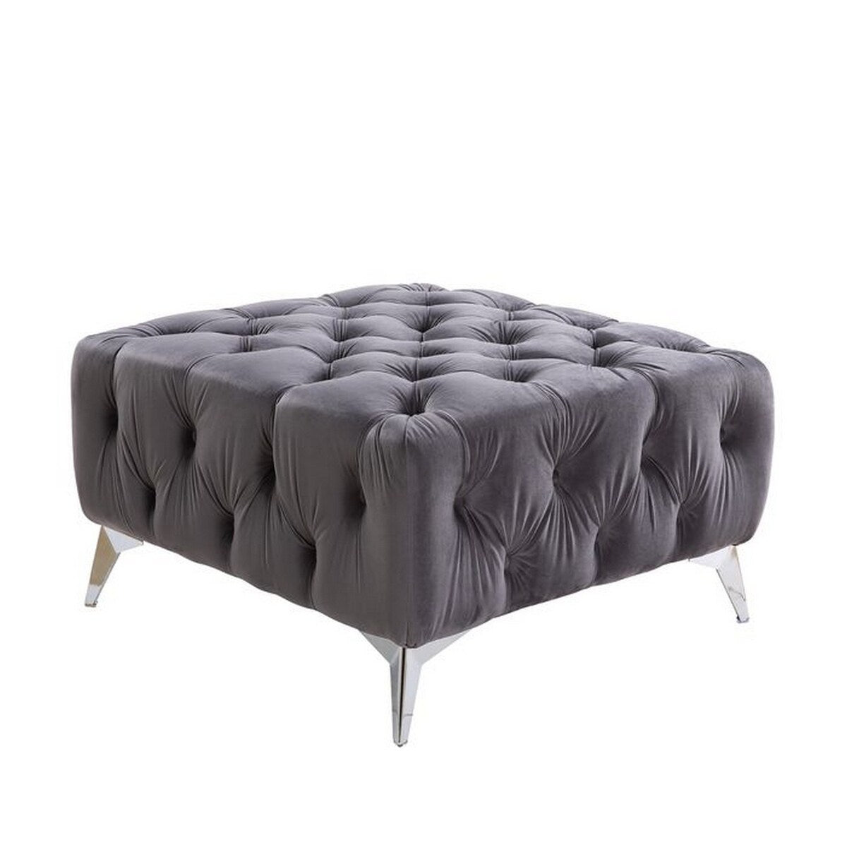 Ottoman with Deep Button Tufting and Angled Metal Feet, Gray