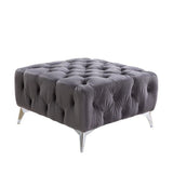 Ottoman with Deep Button Tufting and Angled Metal Feet, Gray