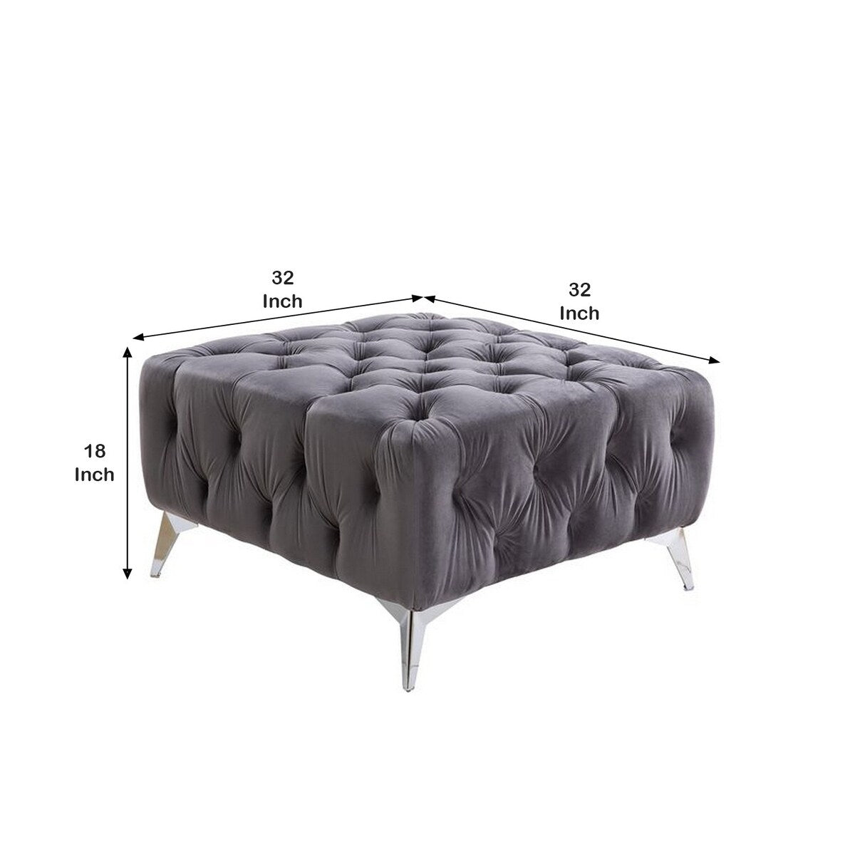 Ottoman with Deep Button Tufting and Angled Metal Feet, Gray