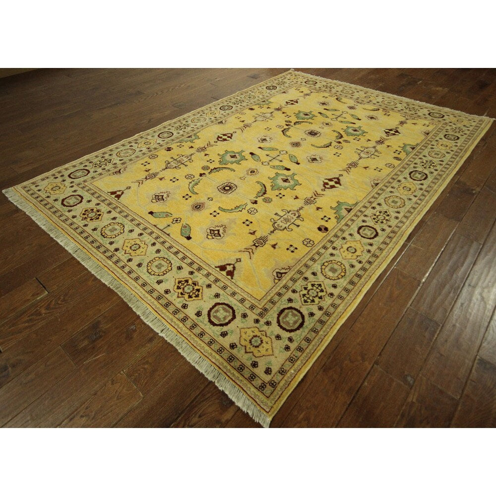 Oushak Collection Shah Abbasi Motif Gold Chobi Hand Kotted Wool Rug - 6' x 9'