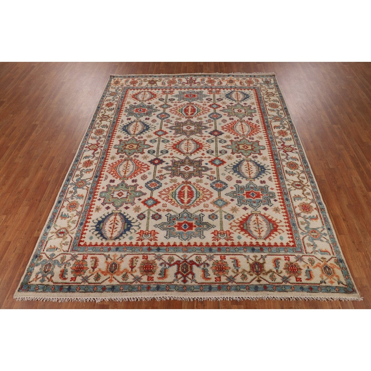 Oushak Indian Area Rug Hand-Knotted Oriental Beige Wool Carpet - 7'11"x 10'2"