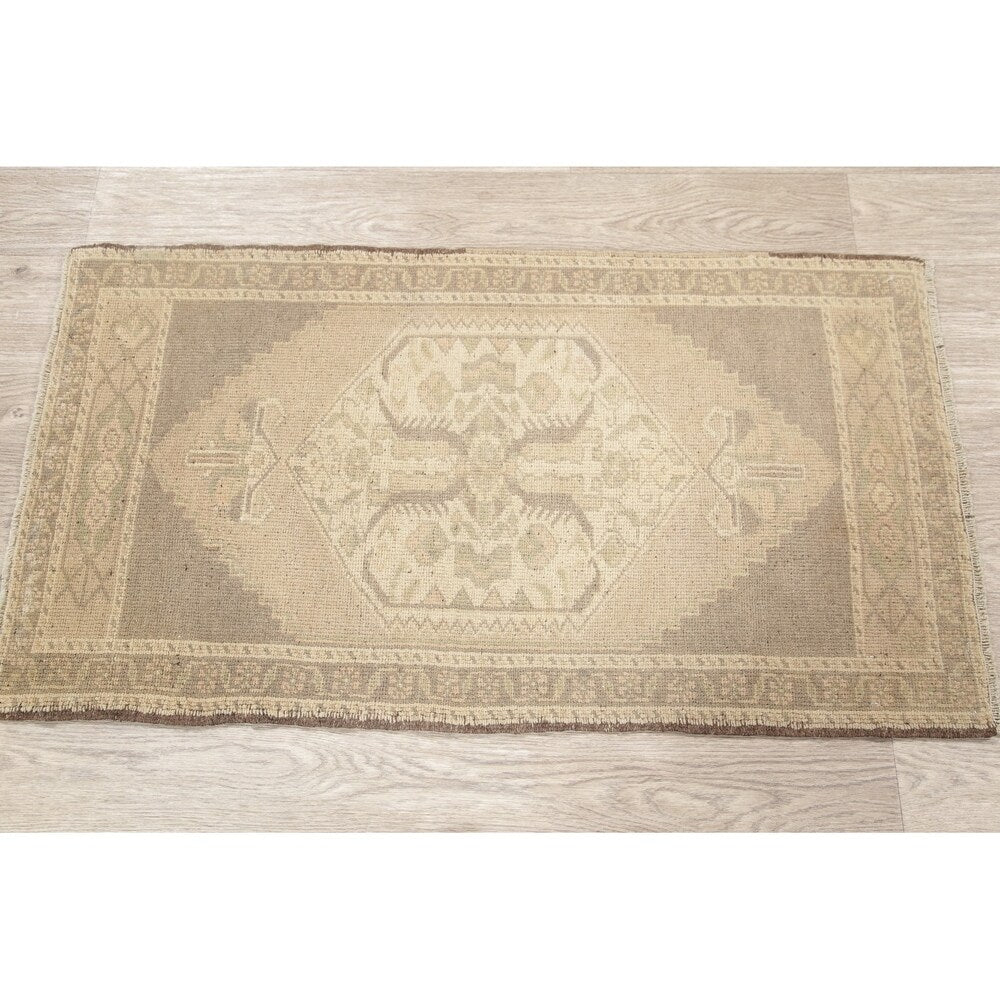 Oushak Vintage Muted Distressed Oriental Hand Knotted Turkish Area Rug - 3'7" x 2'0"