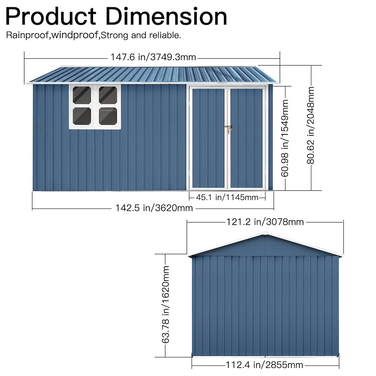 Outdoor 12 x 10 ft. Metal Storage Shed with Window and Vents and Hinged Door and Padlock