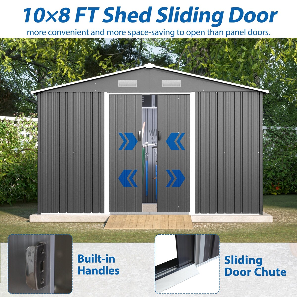 Outdoor 10 x 8 ft Grey Metal Outdoor Storage Shed with Lockable Sliding Doors and Vents