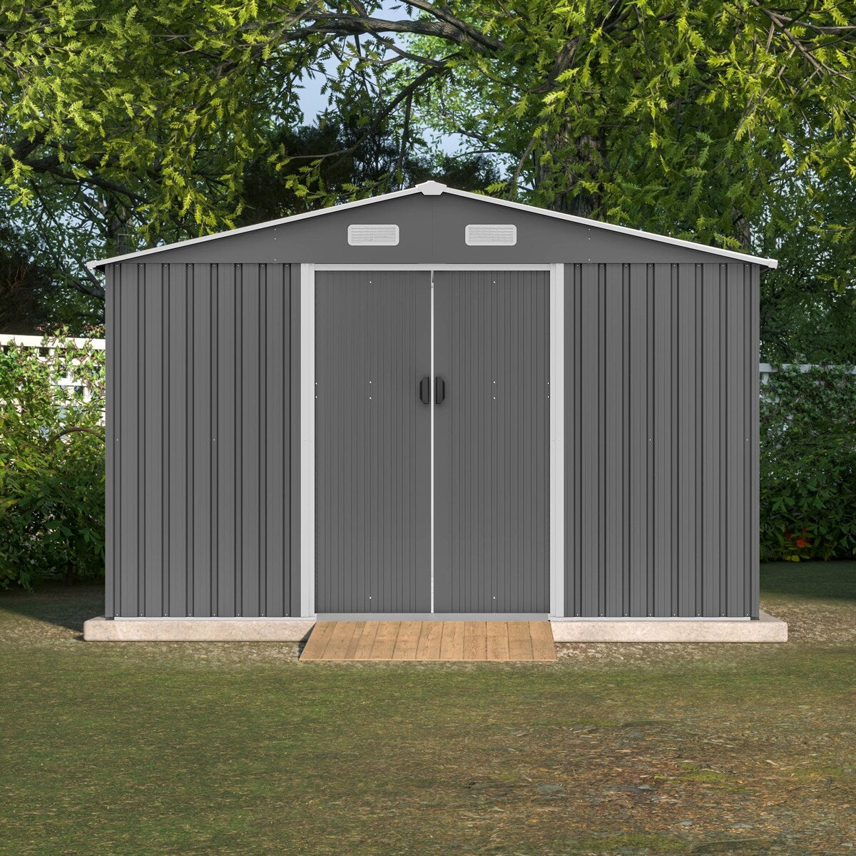 Outdoor 10 x 8 ft Grey Metal Outdoor Storage Shed with Lockable Sliding Doors and Vents