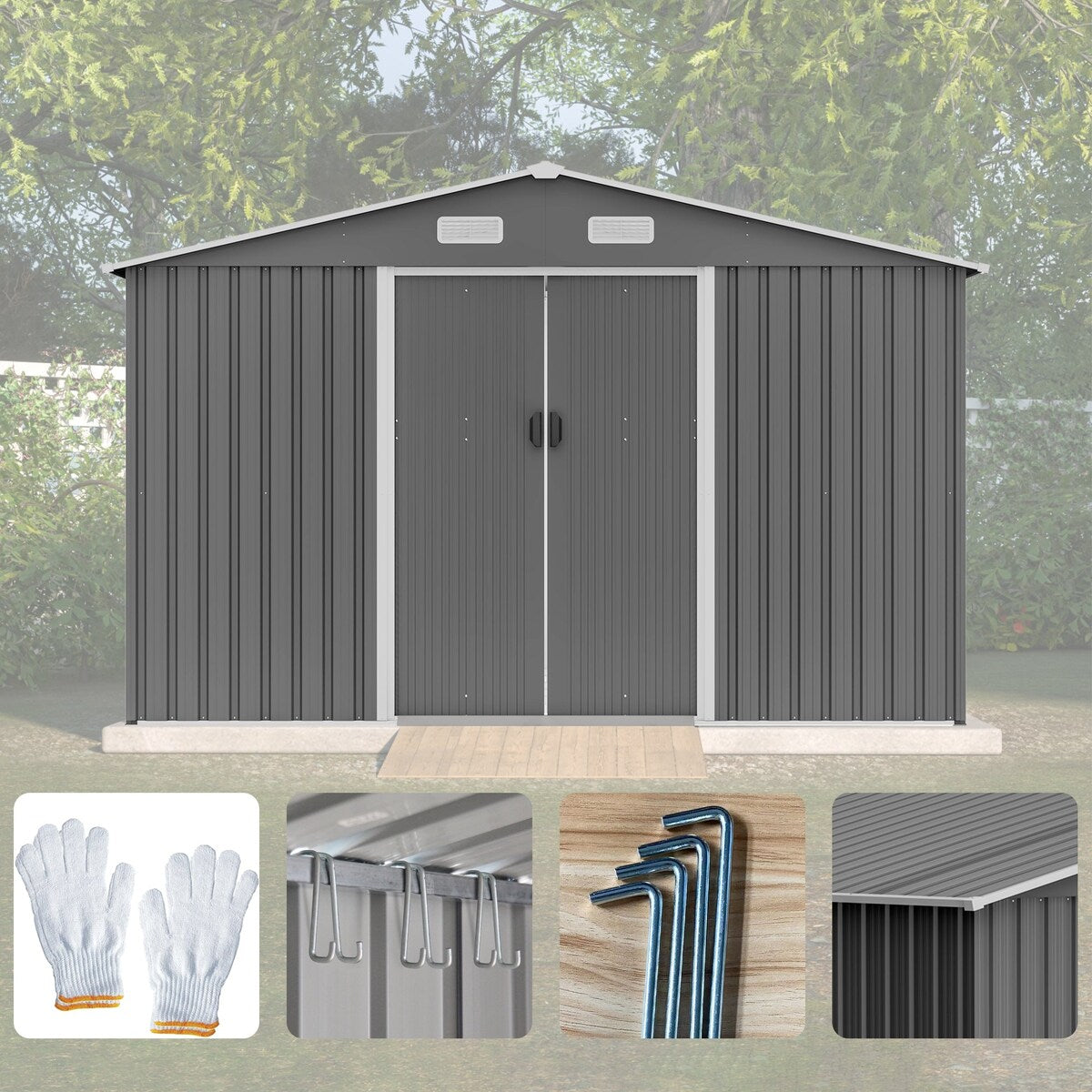Outdoor 10 x 8 ft Grey Metal Outdoor Storage Shed with Lockable Sliding Doors and Vents
