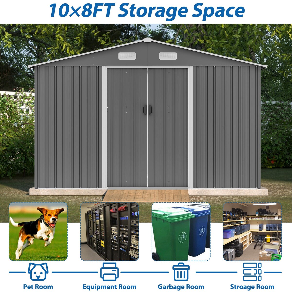 Outdoor 10 x 8 ft Grey Metal Outdoor Storage Shed with Lockable Sliding Doors and Vents