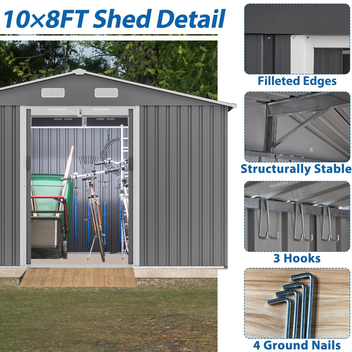 Outdoor 10 x 8 ft Grey Metal Outdoor Storage Shed with Lockable Sliding Doors and Vents