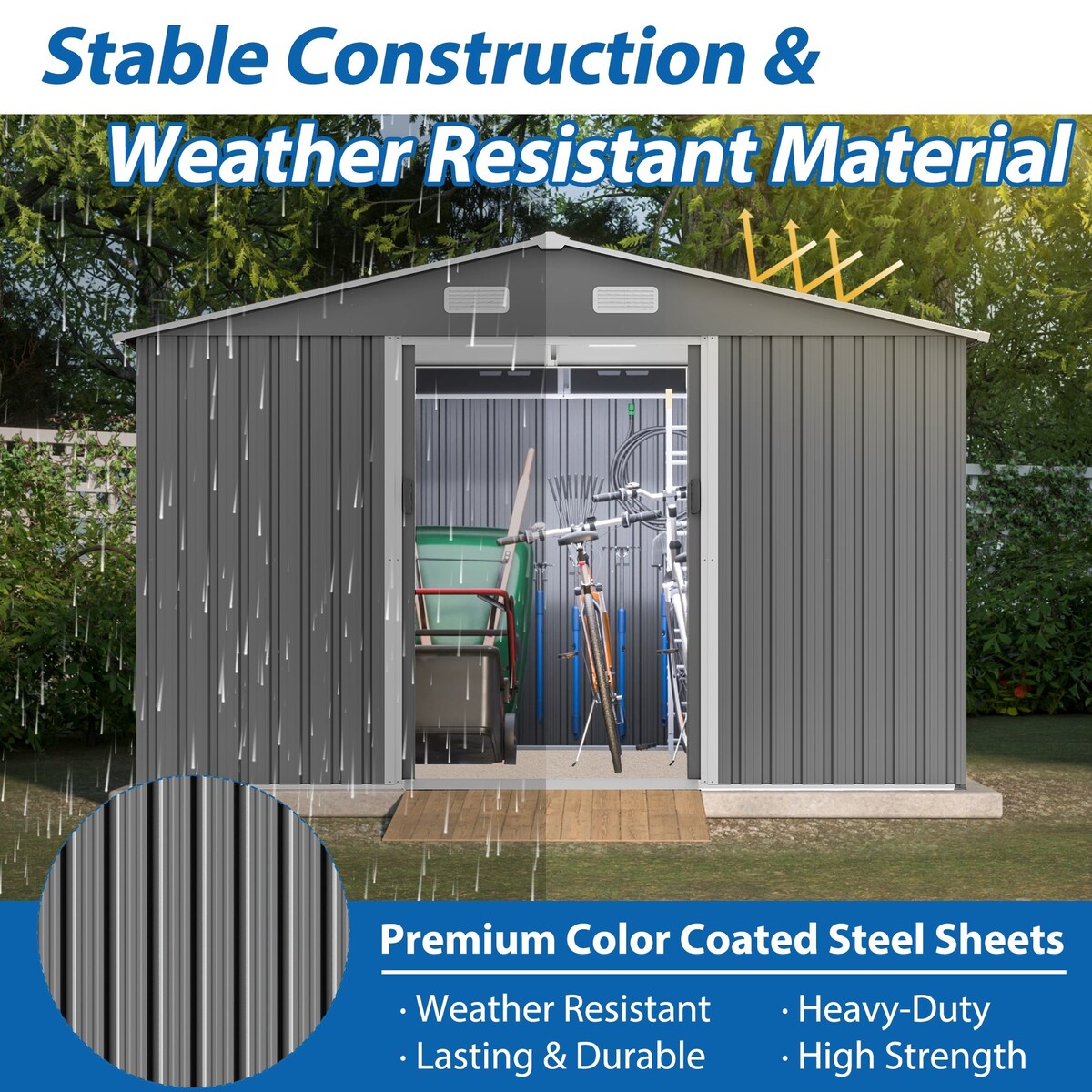 Outdoor 10 x 8 ft Grey Metal Outdoor Storage Shed with Lockable Sliding Doors and Vents