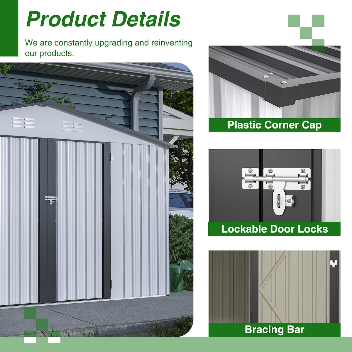 Outdoor 10 x 8 ft White Grey Metal Outdoor Storage Shed with Lockable Doors and Vents