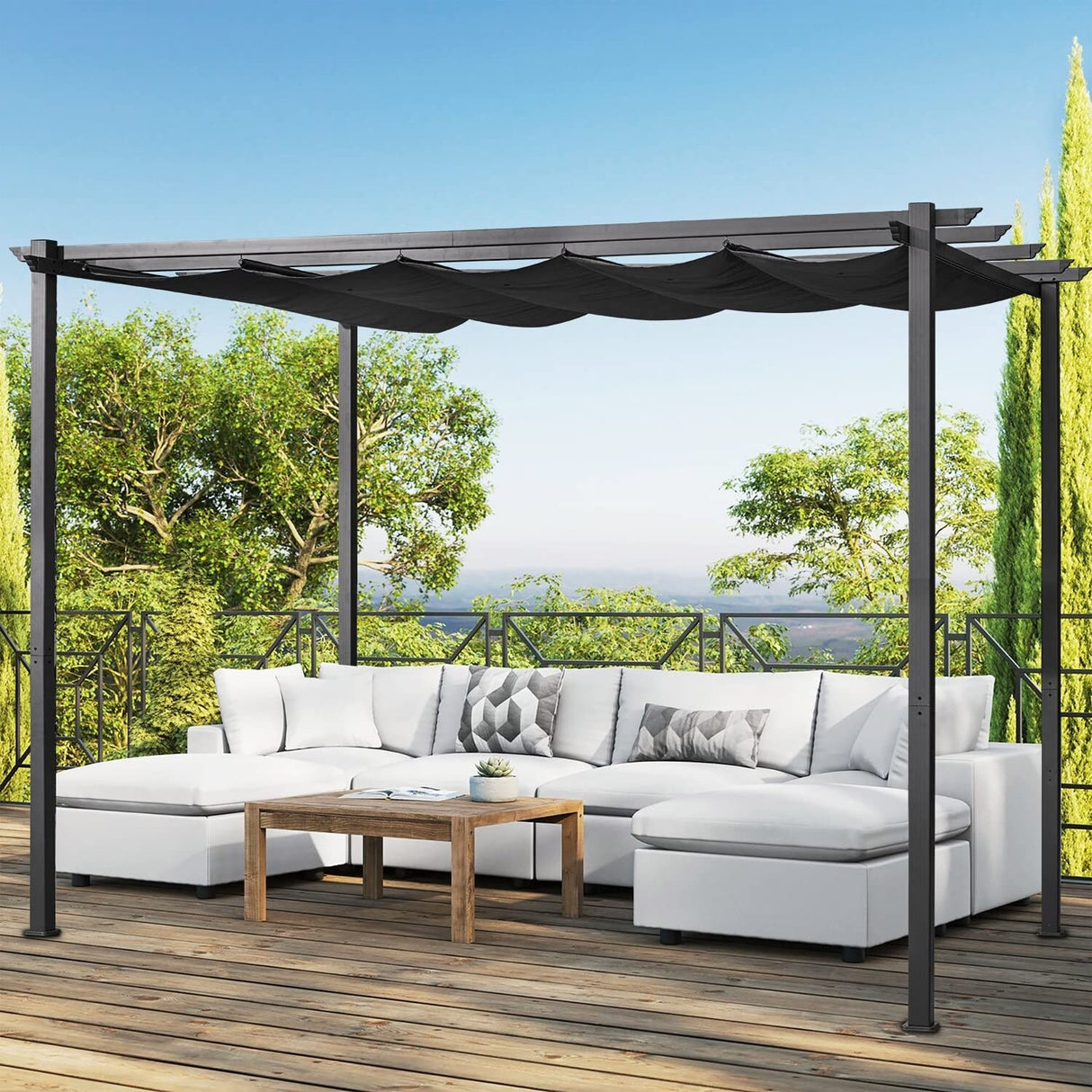 Outdoor 10' x 10' Pergola with Sun Shade Canopy on Top and Sides, Aluminum Frame