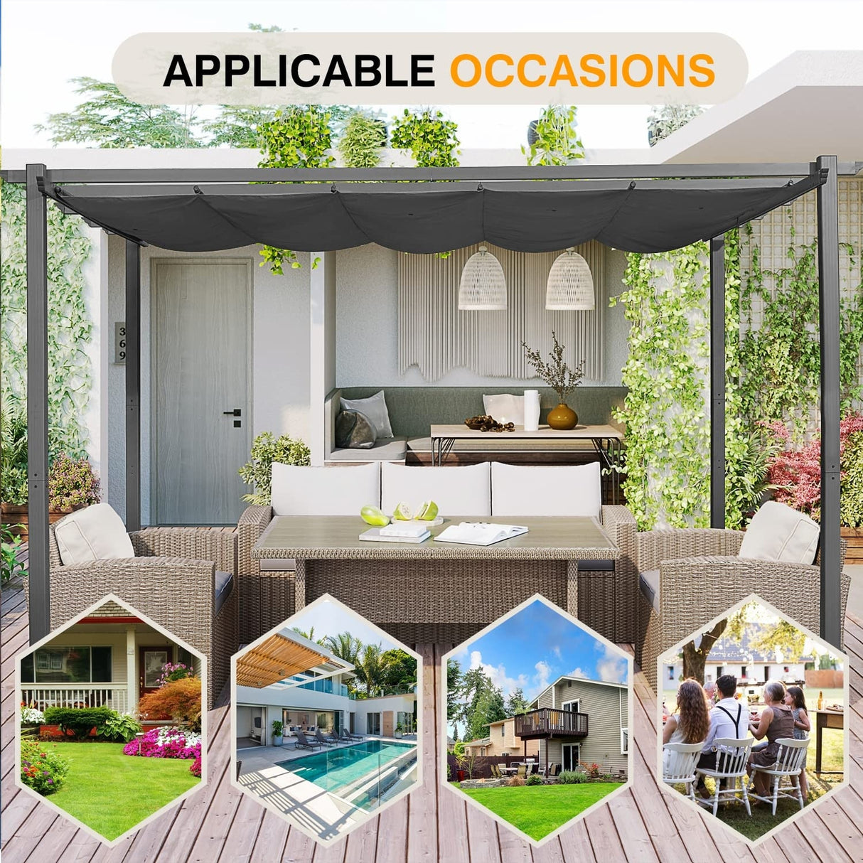 Outdoor 10' x 10' Pergola with Sun Shade Canopy on Top and Sides, Aluminum Frame