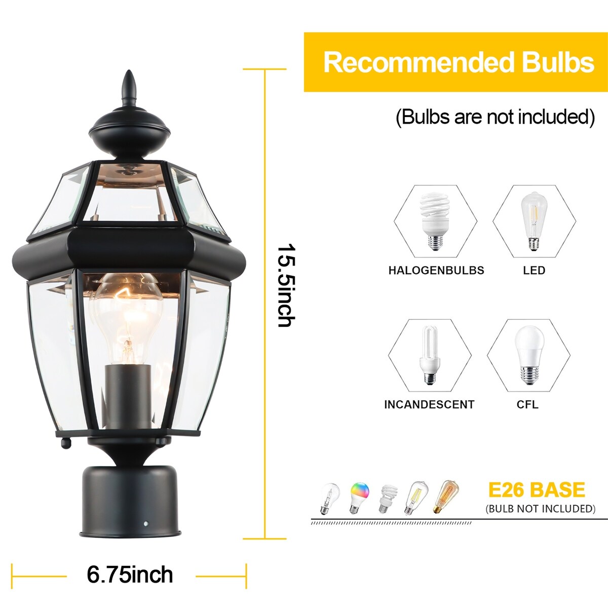 Outdoor 15" Lamp Post Light Fixture Waterproof Aluminum Housing with Glass, E26 Base Matte Black for Garden
