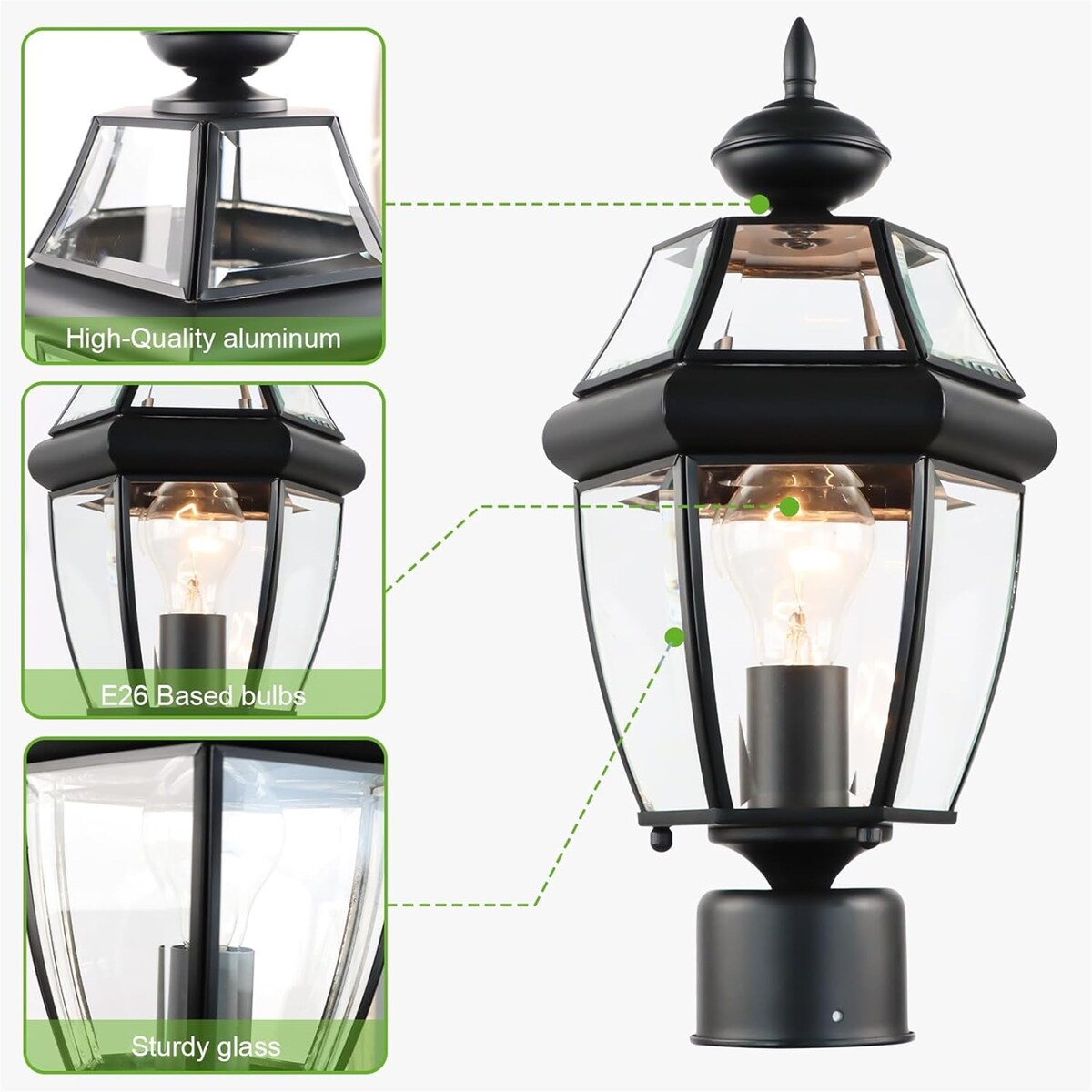 Outdoor 15" Lamp Post Light Fixture Waterproof Aluminum Housing with Glass, E26 Base Matte Black for Garden