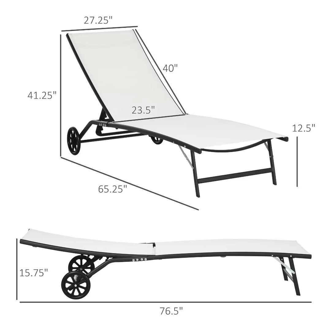 Outdoor 2 Piece Lounge Chair with Wheels,with 5 Adjustable Positions - 65.25"*27.25"*41.25"