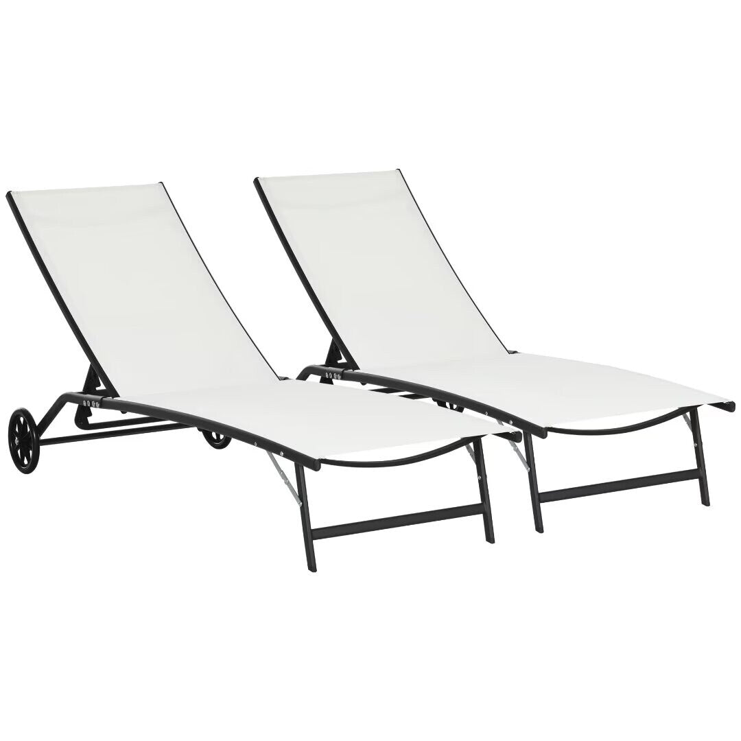 Outdoor 2 Piece Lounge Chair with Wheels,with 5 Adjustable Positions - 65.25"*27.25"*41.25"
