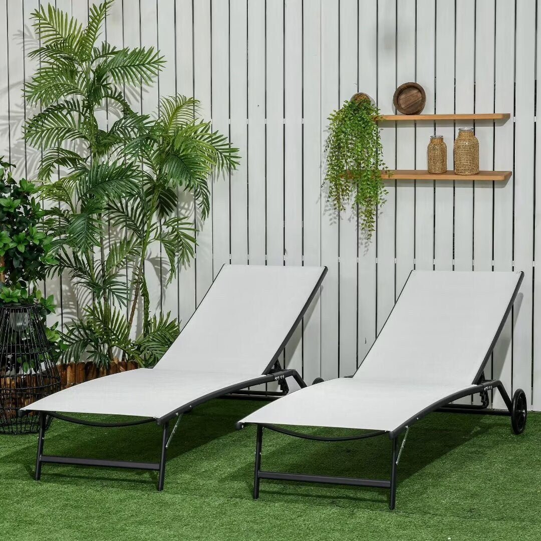 Outdoor 2 Piece Lounge Chair with Wheels,with 5 Adjustable Positions - 65.25"*27.25"*41.25"