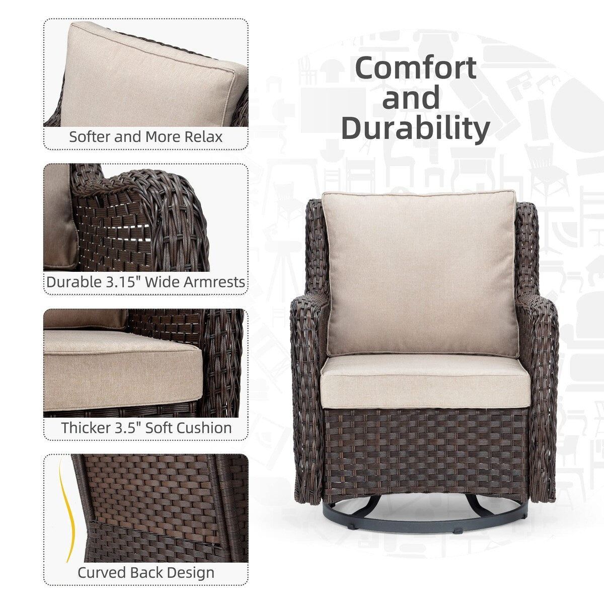 Outdoor 3 Pieces Wicker Patio Bistro Set with Premium Fabric Cushions for Yard