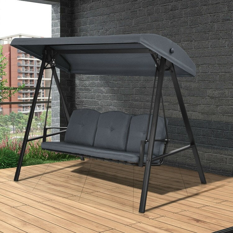 Outdoor 3-Seat Porch Swing with Adjust Canopy and Cushions - 114" x 53" x 74" (L x W x H)