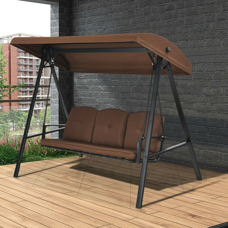 Outdoor 3-Seat Porch Swing with Adjust Canopy and Cushions - 114" x 53" x 74" (L x W x H)