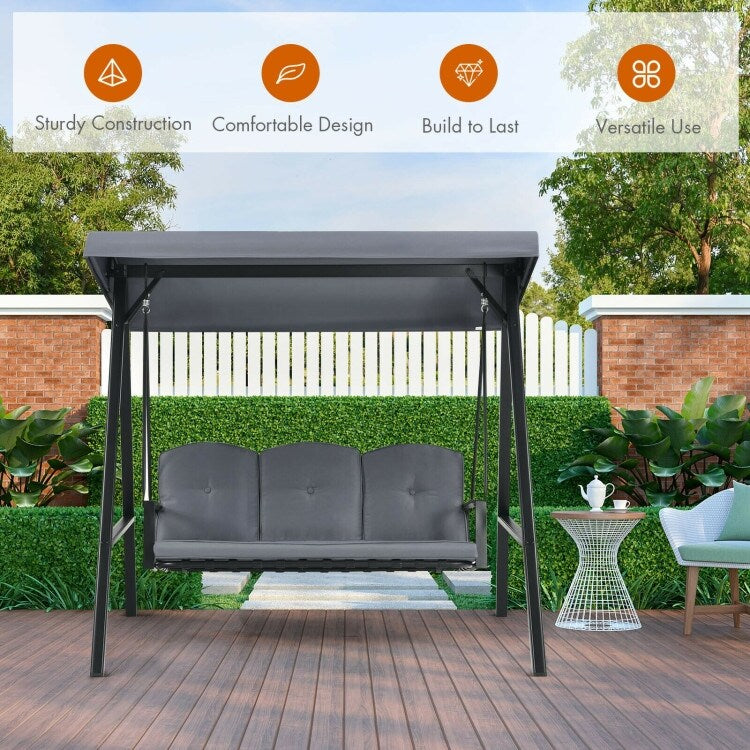 Outdoor 3-Seat Porch Swing with Adjust Canopy and Cushions - 114" x 53" x 74" (L x W x H)
