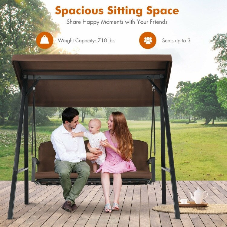 Outdoor 3-Seat Porch Swing with Adjust Canopy and Cushions - 114" x 53" x 74" (L x W x H)