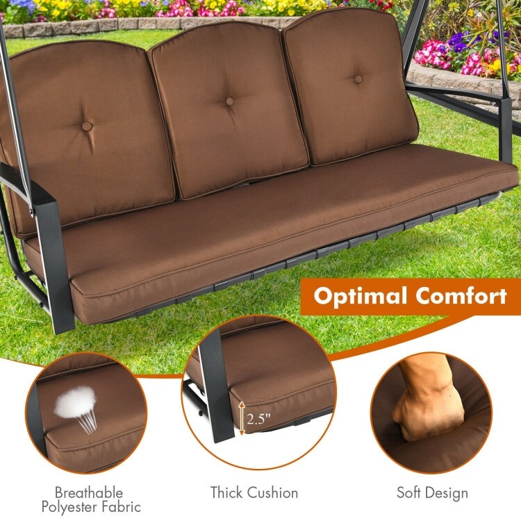 Outdoor 3-Seat Porch Swing with Adjust Canopy and Cushions - 114" x 53" x 74" (L x W x H)