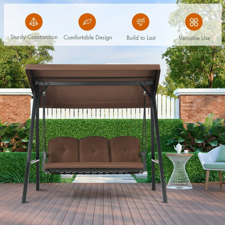 Outdoor 3-Seat Porch Swing with Adjust Canopy and Cushions - 114" x 53" x 74" (L x W x H)