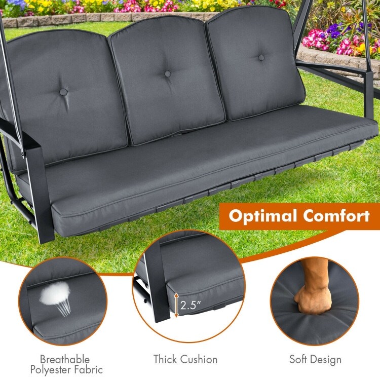 Outdoor 3-Seat Porch Swing with Adjust Canopy and Cushions - 114" x 53" x 74" (L x W x H)