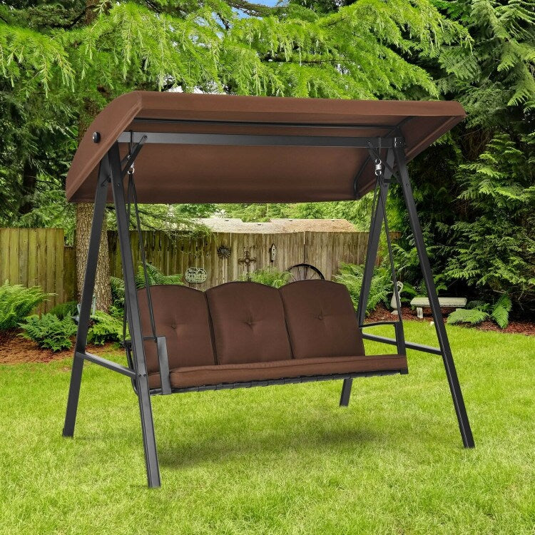 Outdoor 3-Seat Porch Swing with Adjust Canopy and Cushions - 114" x 53" x 74" (L x W x H)