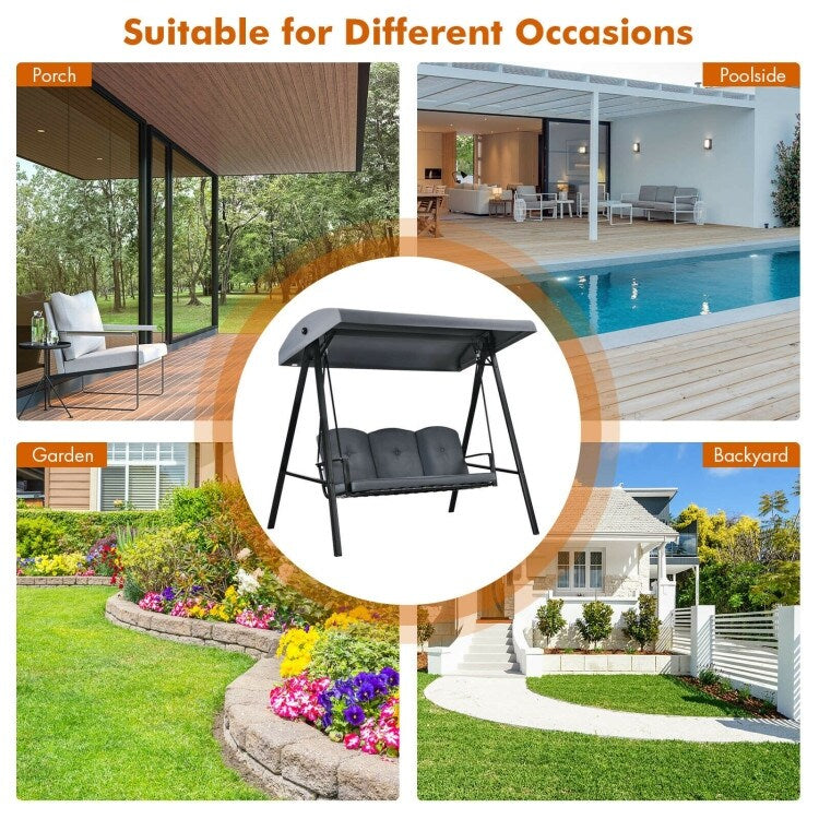 Outdoor 3-Seat Porch Swing with Adjust Canopy and Cushions - 114" x 53" x 74" (L x W x H)
