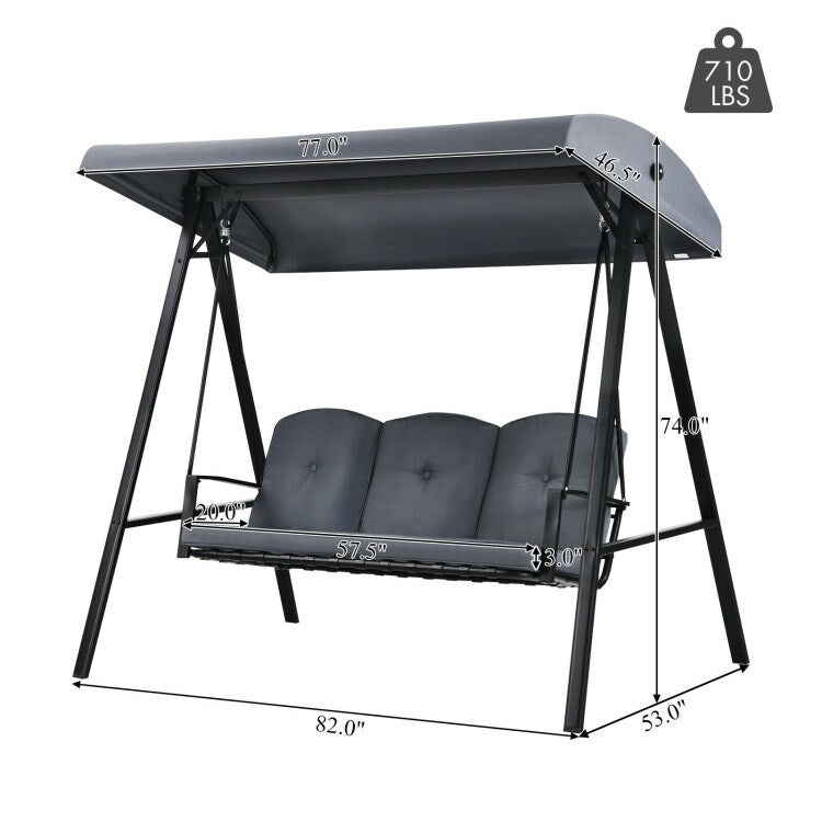 Outdoor 3-Seat Porch Swing with Adjust Canopy and Cushions - 114" x 53" x 74" (L x W x H)