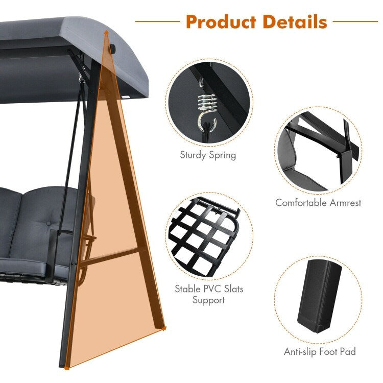 Outdoor 3-Seat Porch Swing with Adjust Canopy and Cushions - 114" x 53" x 74" (L x W x H)
