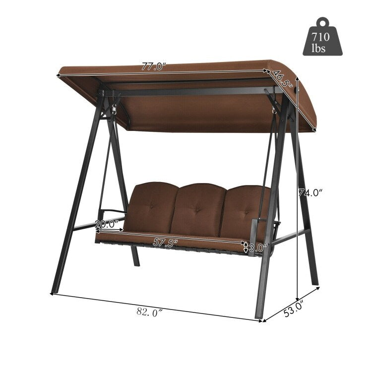 Outdoor 3-Seat Porch Swing with Adjust Canopy and Cushions - 114" x 53" x 74" (L x W x H)