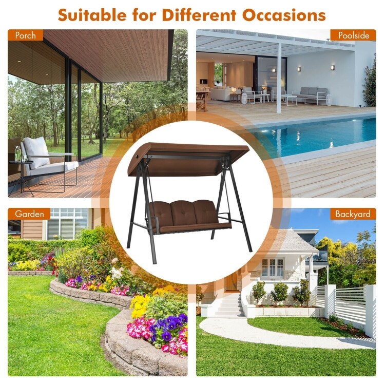 Outdoor 3-Seat Porch Swing with Adjust Canopy and Cushions - 114" x 53" x 74" (L x W x H)