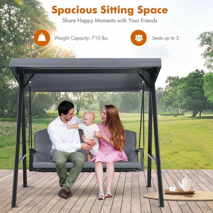 Outdoor 3-Seat Porch Swing with Adjust Canopy and Cushions - 114" x 53" x 74" (L x W x H)
