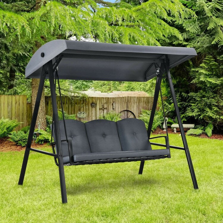 Outdoor 3-Seat Porch Swing with Adjust Canopy and Cushions - 114" x 53" x 74" (L x W x H)