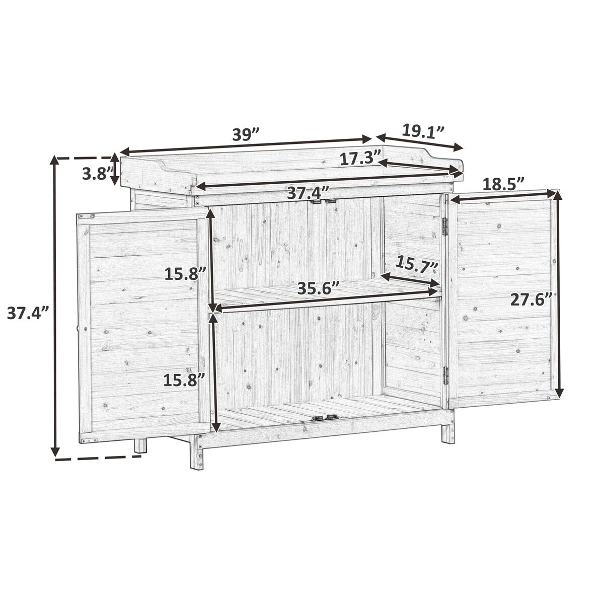 Outdoor 39" Potting Bench Table, Rustic Garden Workstation Storage Cabinet Garden Shed with 2-Tier Shelves and Side Hook
