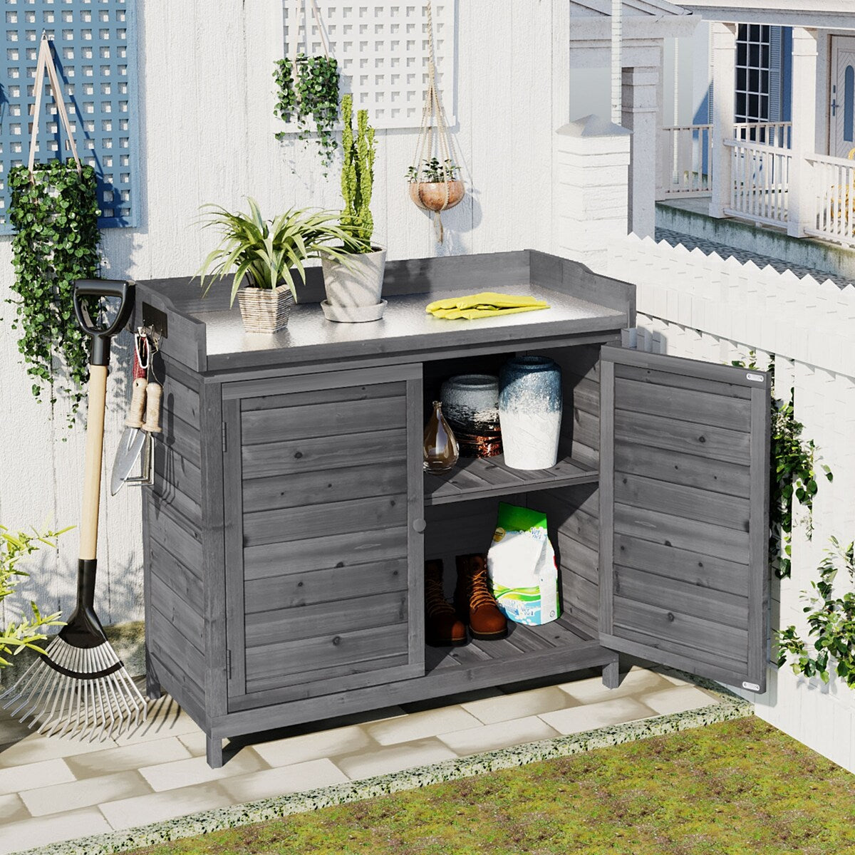 Outdoor 39" Potting Bench Table, Rustic Garden Workstation Storage Cabinet Garden Shed with 2-Tier Shelves and Side Hook