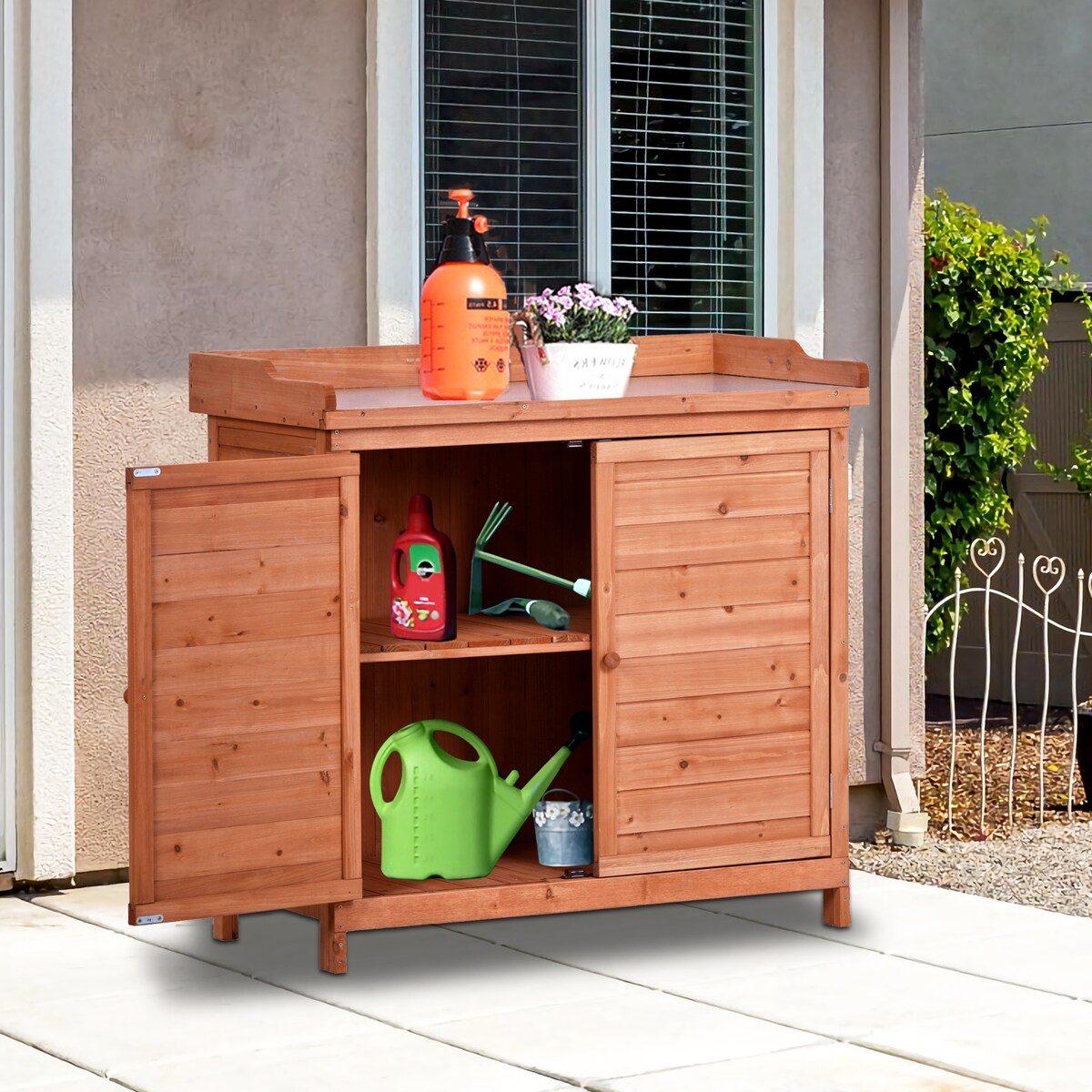 Outdoor 39" Potting Bench Table, Rustic Garden Workstation Storage Cabinet Garden Shed with 2-Tier Shelves and Side Hook