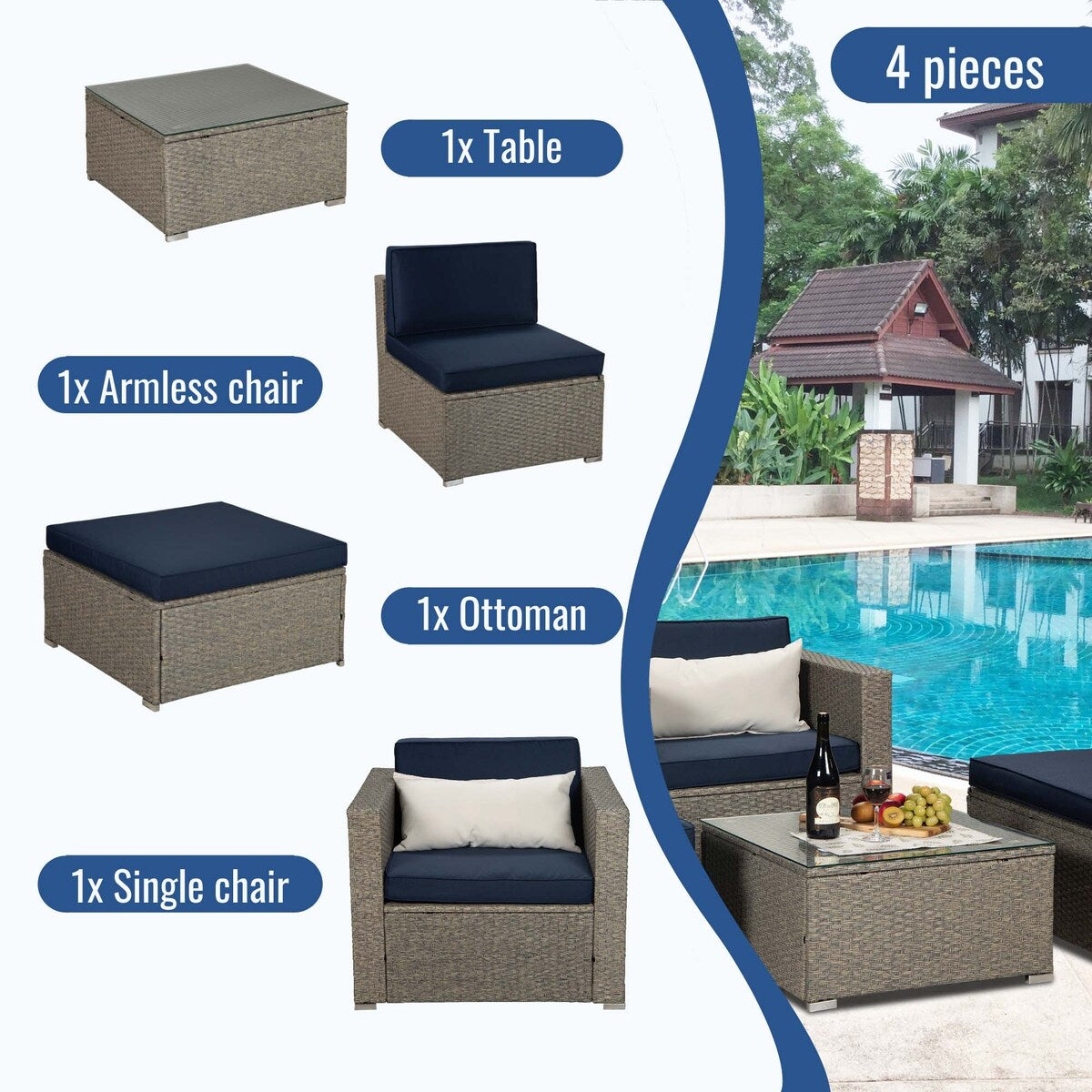 Outdoor 4-Piece Rattan Sectional Sofa Sets
