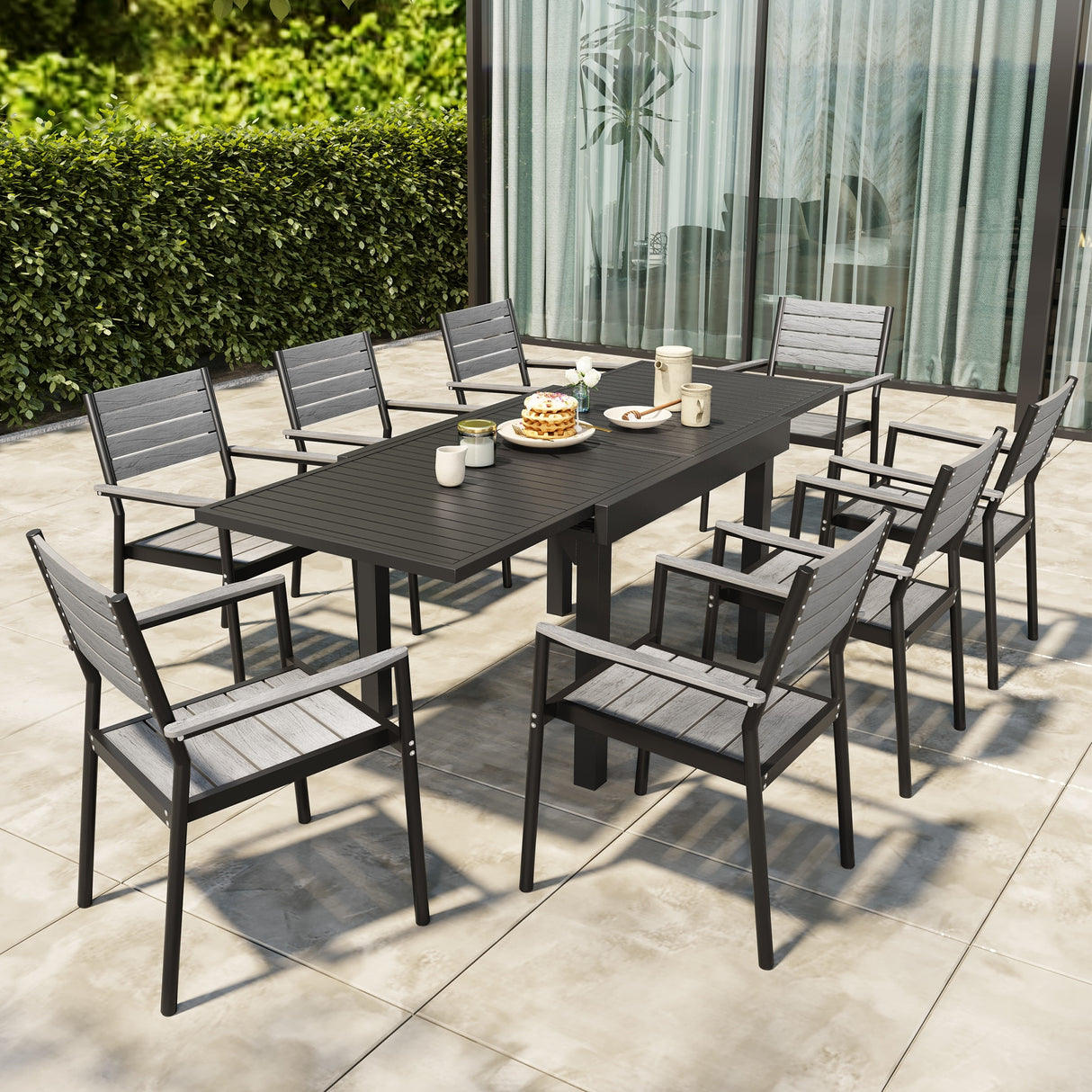 Outdoor 5/7/9 PCS Patio Dining Set, 4/6/8 Dining Chairs, 1 Rectangular Aluminum Expandable Table