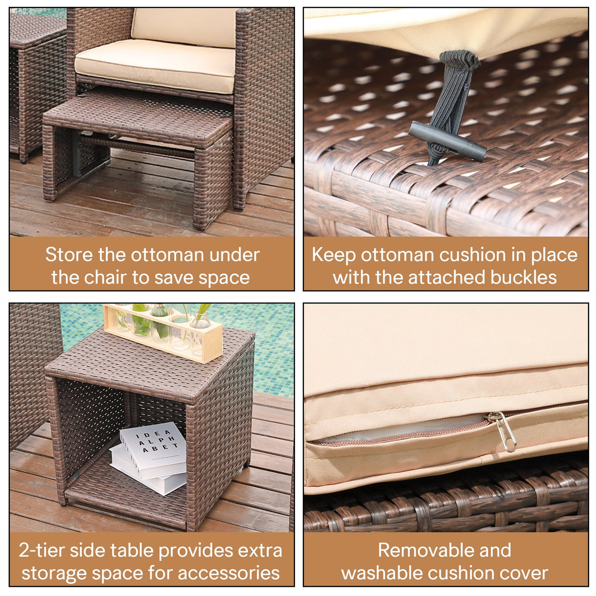 Outdoor 5-piece Brown Rattan Wicker Conversation Set