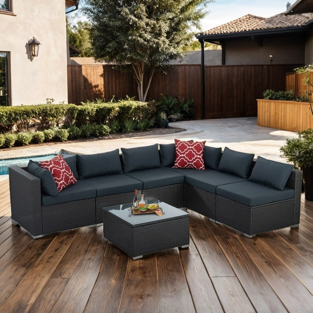 Outdoor 7-Set Combination Sofa Furniture with Coffee Table, Patio PE Wicker Conversation Couch Sets for Garden, Dark Grey