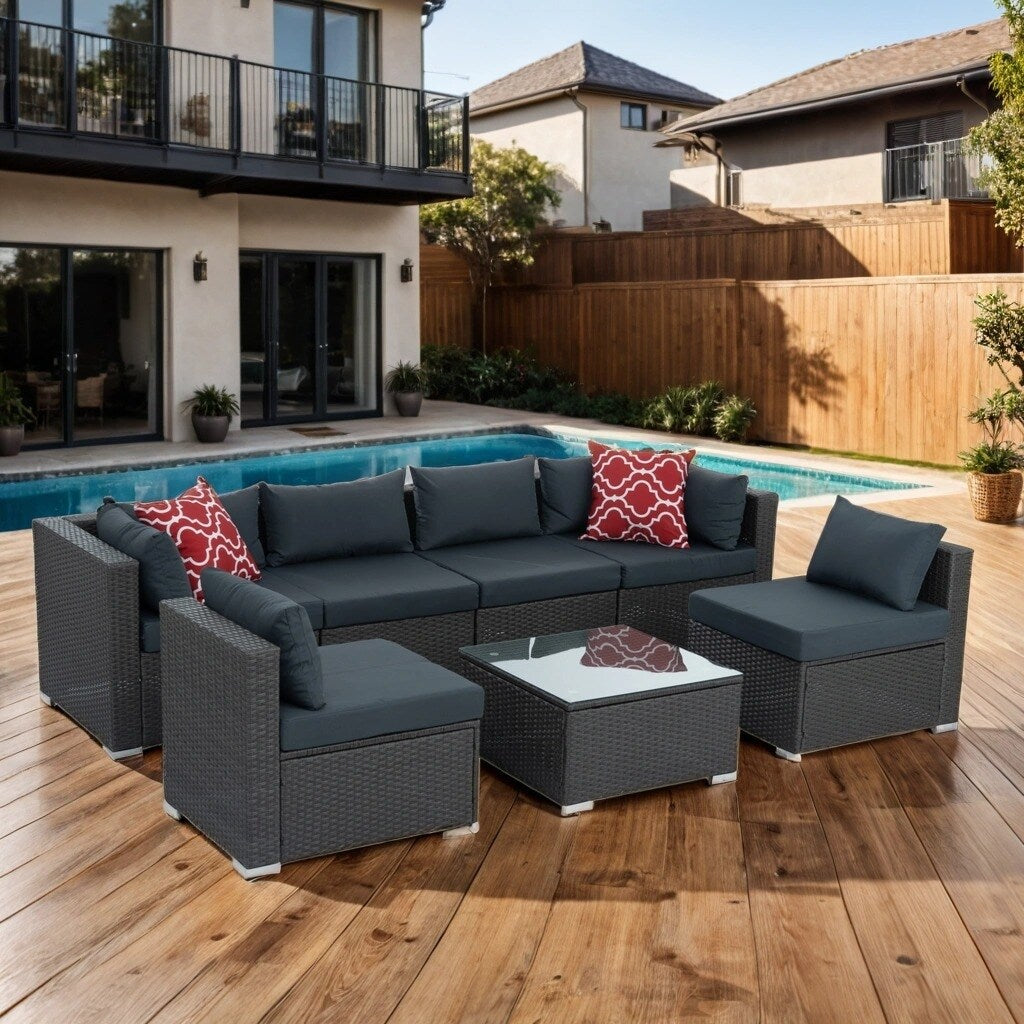 Outdoor 7-Set Combination Sofa Furniture with Coffee Table, Patio PE Wicker Conversation Couch Sets for Garden, Dark Grey